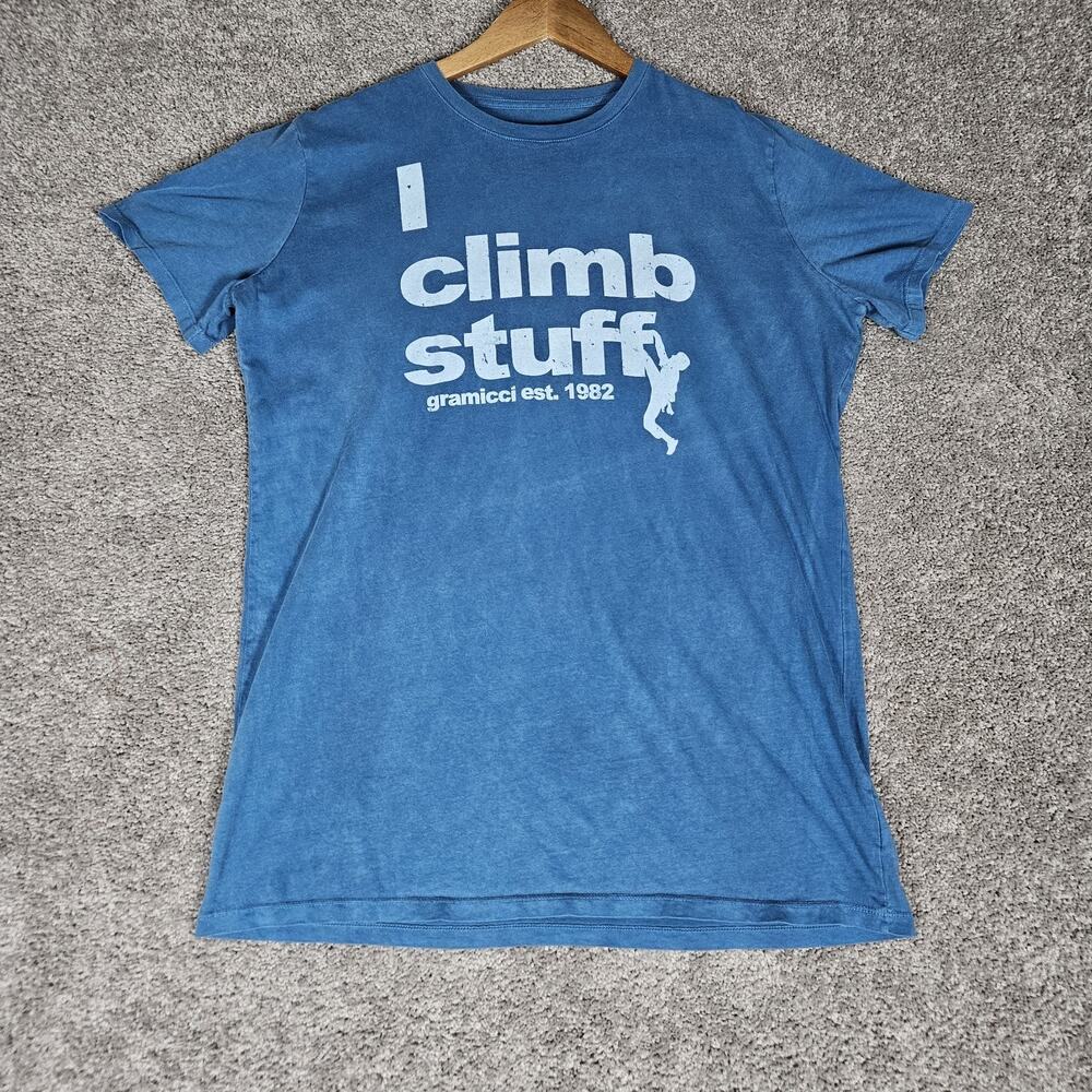Gramicci Shirt Men's Large Blue T-Shirt I Climb Stuff Gorpcore Outdoors